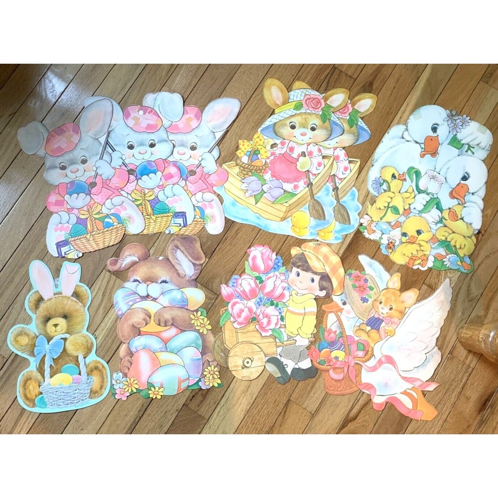 Easter Die Cuts Vintage Large Paper Decorations 10 Pieces 2-Sided Bunnies Spring